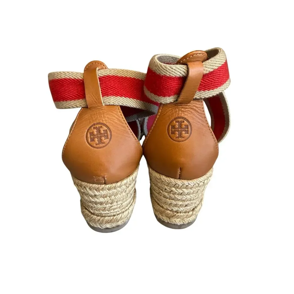 Tory Burch Canvas Wedge Espadrille Sandals Red Tan 7